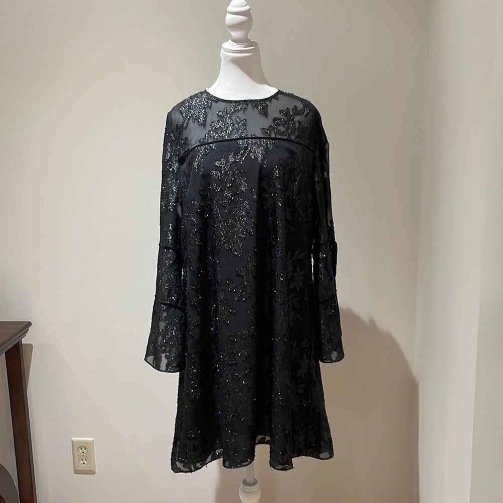 🖤Laundry by Shelli Segal black Sheer lined Dress, velvet trim, Sz 14. NWT!🖤